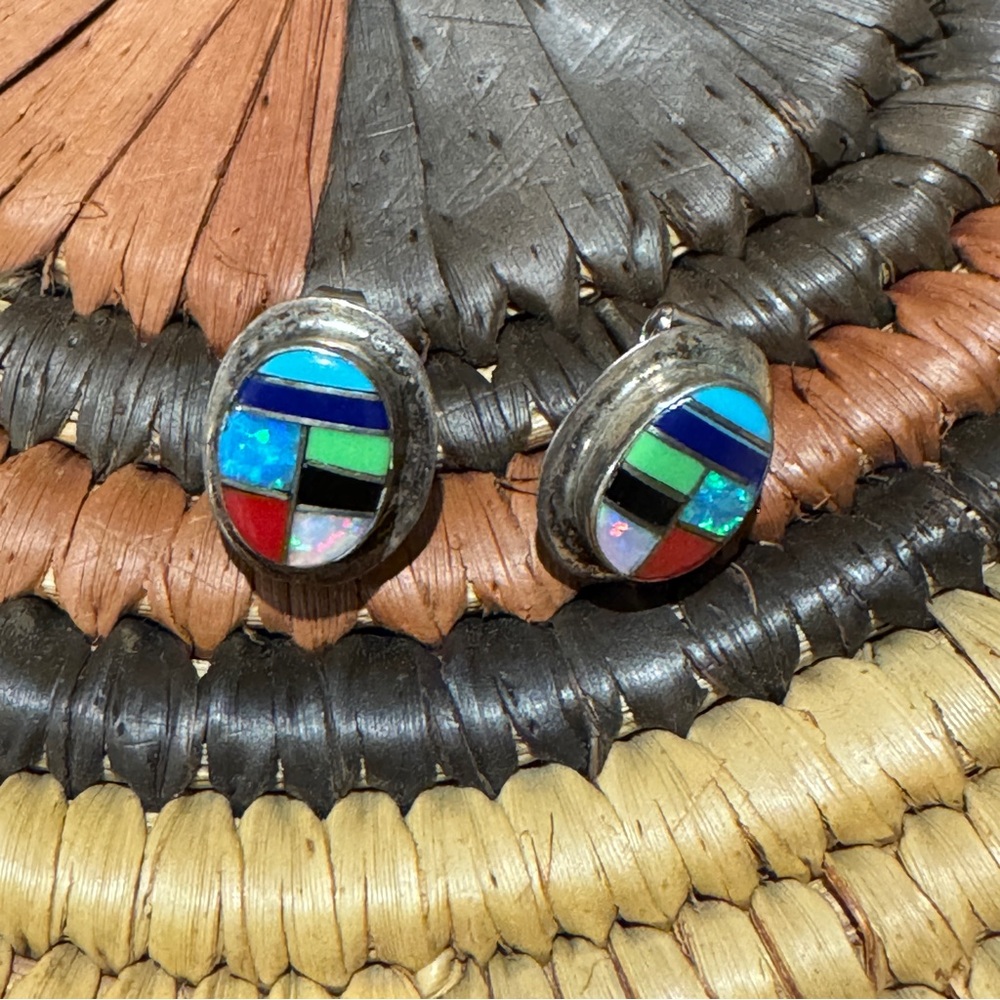 Vintage Zuni turquoise opal coral Inlay Earrings jewelry native american
